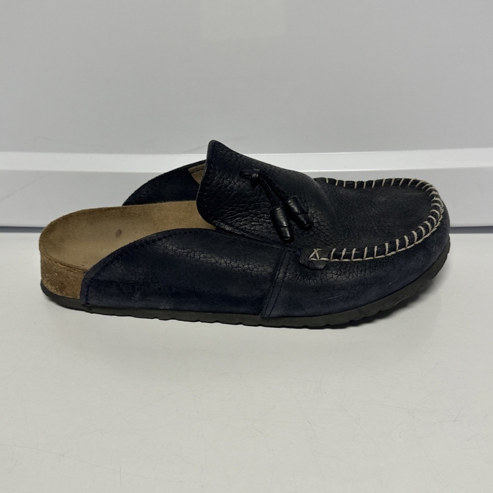 Papillio Birkenstock 39 Pebbled Moccasin Clog Black Leather Sandal Shoe Stitch - Picture 7 of 12